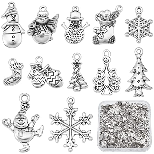 SUNNYCLUE 1 Box 120 Stück 12 Stil Weihnachten Tibetischen Stil Charms Winter Thema Schneeflocke Anhänger Antik Silber Schneemann Anhänger Metalllegierung Weihnachtsbaum Perlen Bulk Für Schmuckherstell von SUNNYCLUE