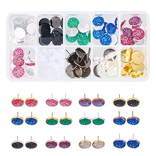 SUNNYCLUE 1 Box 141pcs DIY Schmuck Druzy Ohrringe Machen Starter Kit enthalten 6 Farbe 60pcs Runde Druzy Achat Harz Cabochons 12mm und 3 Farbe 30pcs Messing Ohrstecker Einstellungen von SUNNYCLUE