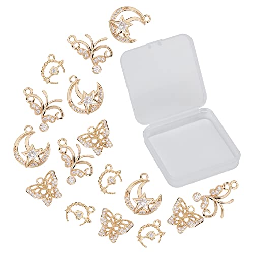 SUNNYCLUE 1 Box 16 Stück 4 Stile Strass Anhänger Charms Schmetterling Stern Mond Herz Vergoldetes Messing Hohl Charms Zirkonia Für Halsketten Ohrringe DIY Handwerk Schmuckherstellung Zubehör von SUNNYCLUE