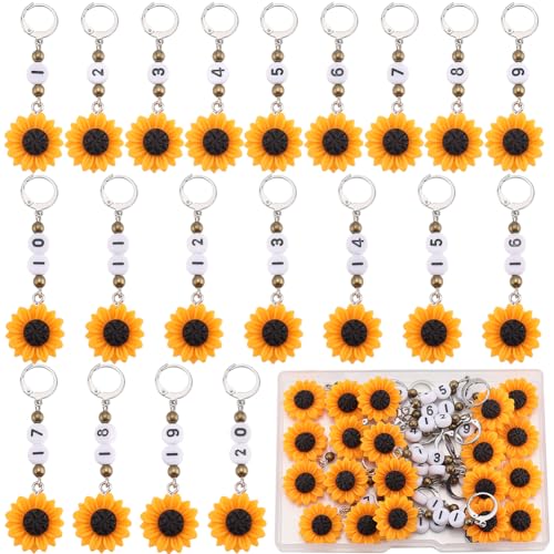 SUNNYCLUE 1 Box 20 Stück Süße Häkelmarker 1~20 Zahlen Maschenmarker Kunstharz Sonnenblumen Planer Charms Strickmarker Verriegelbar Abnehmbarer Hebelverschluss Zum Stricken Häkeln Nähen Quilten Schmuck von SUNNYCLUE