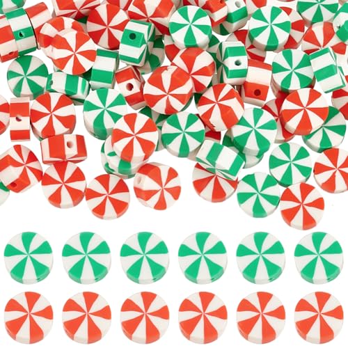 SUNNYCLUE 1 Box 200 Stück 10 mm Weihnachts-Polymer-Ton-Perlen, Süßigkeiten-Perlen, niedlich, rot, grün, rund, flache Scheibe, Vinyl-Abstandhalter, lose Perlen für Schmuckherstellung, Armbänder, von SUNNYCLUE