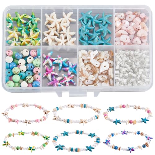 SUNNYCLUE 1 Box 200 Stück DIY 6 Sets Seearmband Bastelset Seestern Perlen Synthetische Muschel Edelsteine Ozean Sommer Hawaii Stil Blaue Seestern Perle Für Schmuckherstellung Freundschaft Frauen Anfän von SUNNYCLUE