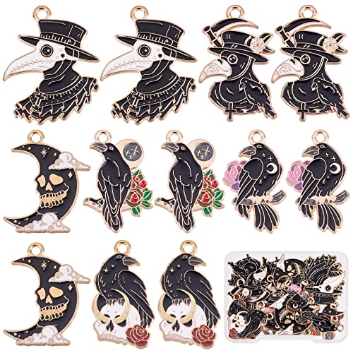 SUNNYCLUE 1 Box 24 Stück 6 Stile Halloween Gothic Charms Rabe Emaille Charm Rabe Gothic Anhänger Halloween Thema Schwarzer Schädel Mond Anhänger Für Die Schmuckherstellung Charms DIY Halskette Armband von SUNNYCLUE