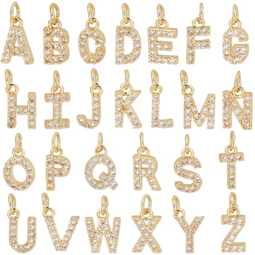 SUNNYCLUE 1 Box 26 Stück Echte 18 Karat Vergoldete Strass Buchstabenanhänger Goldene Alphabet Anhänger Großpackung Goldener AZ Schieber Glitzernder Kleiner Metallanhänger Zur Schmuckherstellung Charms von SUNNYCLUE