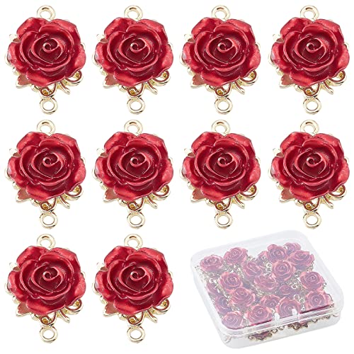 SUNNYCLUE 1 Box 30 Stück Rosen-Charms 3D-Rosen-Charm-Rosen-Verbindungsstücke Für Die Schmuckherstellung Legierungsglieder Charms Doppelschlaufen Schmuckverbinder Rote Blumen-Charm-Halsketten-Armband-O von SUNNYCLUE