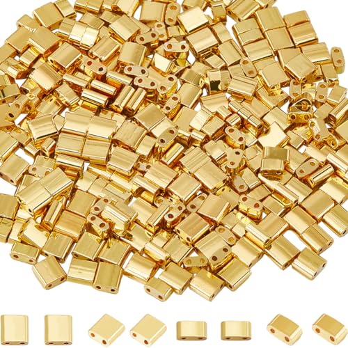 SUNNYCLUE 1 Box 300 Stück 2 Größen Gold Tila Perlen Bulk Zwei Loch Rocailles Halbschnitt 5 mm 1/2 Tila Perlen Abstandshalter Glas Mini Rechteck Flache Quadratische Rocailles Für Schmuckherstellung Arm von SUNNYCLUE