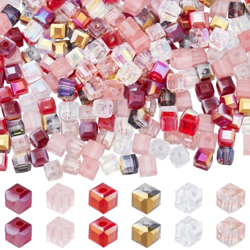 SUNNYCLUE 1 Box 300 Stück 6 Farben 4mm Glaswürfel Quadratische Kristallperlen Rot Transparent ab Farbig Plattiert Facettierte Lose Abstandsperlen Zur Schmuckherstellung Armbänder Halsketten DIY Baste von SUNNYCLUE