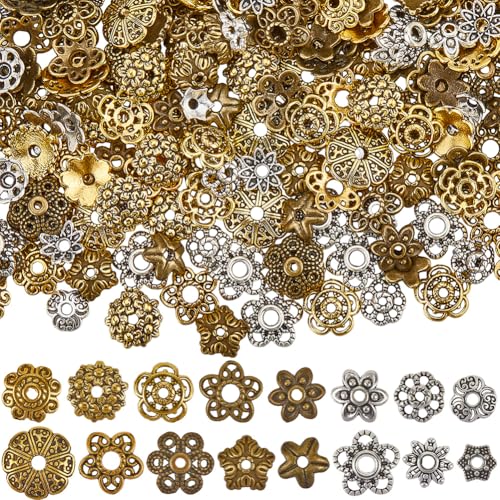 SUNNYCLUE 1 Box 320 Stück 16 Stile Metall Blumenperlen Blumenperlenkappen Gold Und Silberlegierung Tibetische ke Hohle Blumenform Endperlen Zur Schmuckherstellung Armbänder Halsketten DIY Bastelzubeh von SUNNYCLUE