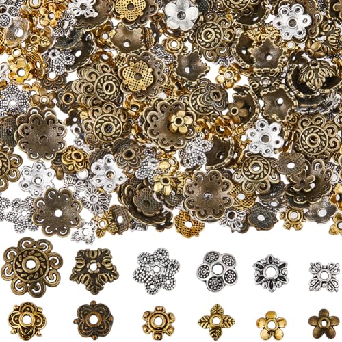 SUNNYCLUE 1 Box 360 Stück 12 Stile Perlenkappen Befunde Blumen Abstandshalter Perlen Großpackung Tibetische Legierung Florale Metall Endkappe Silber Gold Bronze Vintage Perlenkappen Für DIY Armbänder von SUNNYCLUE