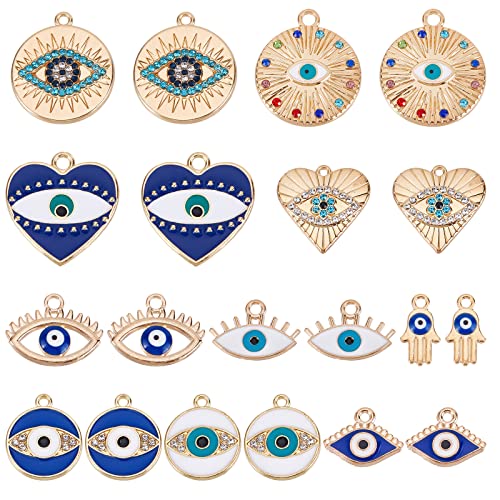 SUNNYCLUE 1 Box 40 Stück Evil Eye Charms Evil Eyes Charm Valentinstag Herz Charm Flache Runde Strasssteine Hamsa Hand Glücksbringer Liebeszauber Für Die Schmuckherstellung Charm Ohrringe Halskette DIY von SUNNYCLUE