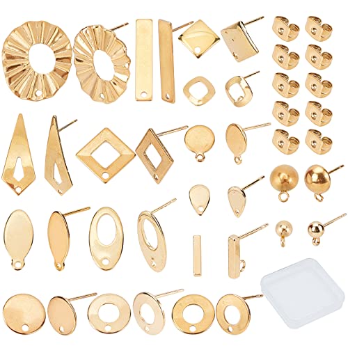 SUNNYCLUE 1 Box 46 Stück 16 Stile Edelstahl-Ohrstecker Inklusive 32 hypoallergene Ohrstecker Und 14 Ohrmuttern Für Frauen, Anfänger, DIY-Ohrring-Schmuckherstellung, Golden von SUNNYCLUE