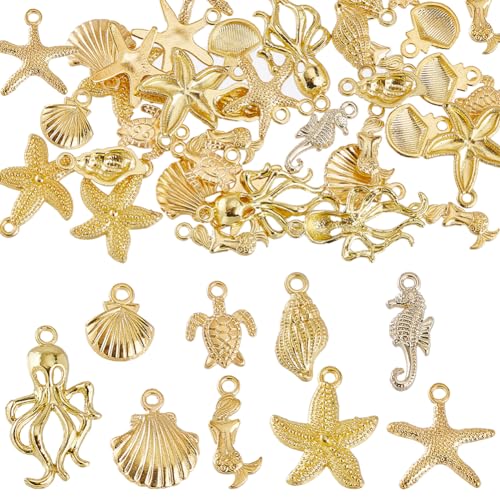 SUNNYCLUE 1 Box 54 Stück 9 gestylte Gold Meeres Charms Ozean Charms Bulk Legierung Schildkröte Seestern Seepferdchen Meerjungfrauen Meerestier Muschel Sommer Strand Charm Für Die Schmuckherstellung Ch von SUNNYCLUE