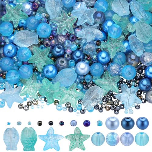 SUNNYCLUE 1 Box 540 Stück Glas Ozean Perlen Kit Glas Rocailles Perlen Meer Tier Perle Sommer Hawaii Meer Perle Seestern Fisch Perlen Glasperlen Für Schmuckherstellung Perlenkits DIY Armbänder Halskett von SUNNYCLUE