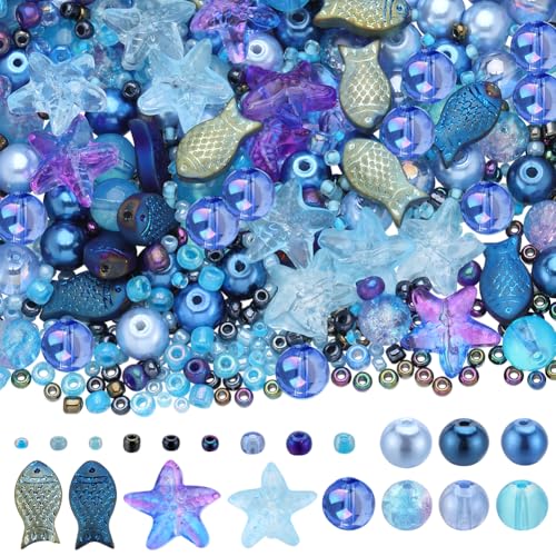 SUNNYCLUE 1 Box 540 Stück Ozean Perlen Set Glas Sommerperlen Fisch Seestern Perlen Glas Rocailles Blaue Hawaii Meerestier Perlen Glasperlen Für Die Schmuckherstellung Perlen Kits DIY Armband Halskette von SUNNYCLUE