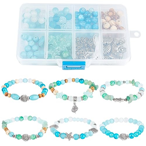 SUNNYCLUE 1 Box 6 Set Ozean Armband Herstellungsset Sommer Hawaii Armbänder Knöchel Meerestier Perlen Blaue Glasperlen Muscheln Für Schmuckherstellungs Sets Anfänger Anfänger Erwachsene DIY Perlen Se von SUNNYCLUE