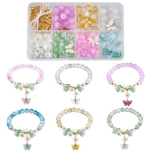 SUNNYCLUE 1 Box 6 Sets Armband Bastelsets Glasblumenperlen Schmetterlingsanhänger Blattanhänger Glasschmetterlingsperlen Runde Glasperlen Für Schmuckherstellungssets Für Frauen Und Erwachsene DIY Armb von SUNNYCLUE