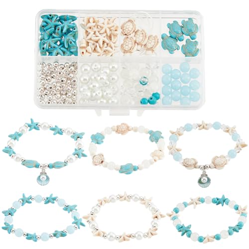 SUNNYCLUE 1 Box 6 Sets Ozean Fußkettchen Armband Herstellungsset Schildkröten Perlen Meerestier Perlen Sommer Hawaii Blaue Glasperlen Muschelperlen Für Schmuckherstellungs Sets Handgefertigtes Geschen von SUNNYCLUE