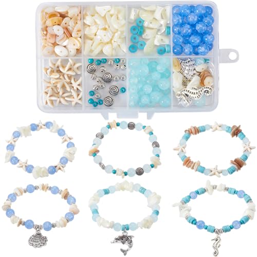 SUNNYCLUE 1 Box 6 Teiliges Set Zum Basteln von Ozean Armbändern Muschelperlen Seestern Perlen Sommer Meerestier Anhänger Glücksbringer Türkis Perlen Steinsplitterperlen Glasperlen In Großen Mengen Für von SUNNYCLUE