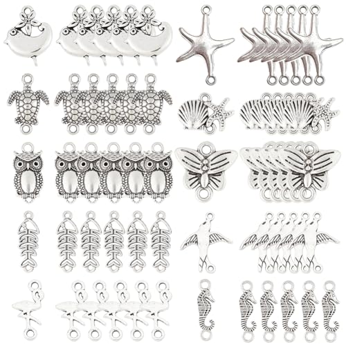 SUNNYCLUE 1 Box 60pcs 10 Stile Tier Verbinder Charms Antike Silber Doppelloch Verbinder Zubehör Für DIY Schmuck Armband Halskette Ohrring Machen von SUNNYCLUE