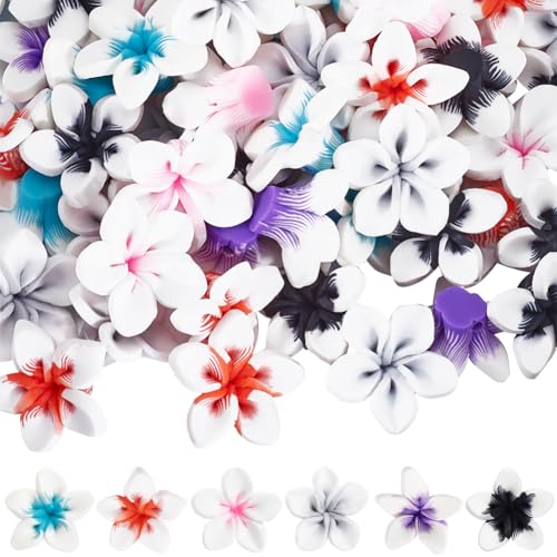 SUNNYCLUE 1 Box 60 Stück hawaiianische Blumen Perlen Blume Ton Perlen Zufällige Farbe Kleine Polymer-Ton-Blumenperlen mit Löchern Großpackung für Schmuckherstellung Armbänder Halsketten Ohrringe von SUNNYCLUE