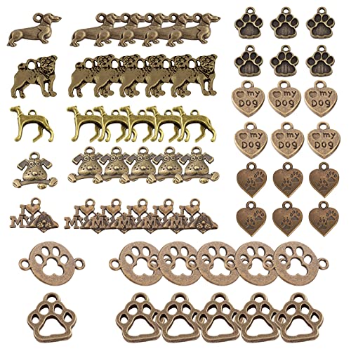 SUNNYCLUE 1 Box 60Stück 10Stile Hunde Charms Großlegierung Welpen Pfotenabdrücke Anhänger Beagle Wurst Haustier Tiere Flaches Rundes Herz Liebeswort Links Für Schmuckherstellung Handwerk Bronze von SUNNYCLUE