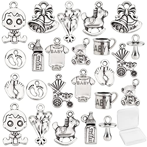 SUNNYCLUE 1 Box 72 Stück 12 Stil Fußabdruck Charms Bulk Onesie Overall Stoff Bär Pferd Tibetischen Stil Legierung Anhänger Geburt Taufgeschenke Für Schmuckherstellung Charms DIY Ohrringe Armband von SUNNYCLUE