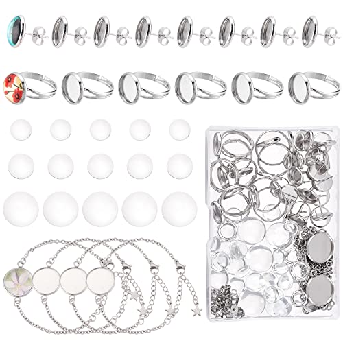 SUNNYCLUE 1 Box 88 Teilige Cabochon Sets Blanko Ringe Flache Armbänder Lünette Ohrsteckerfassung Halbrunde Glas Cabochons Für Die Schmuckherstellung Armbänder Ohrringe Frauen DIY Bastelbedarf von SUNNYCLUE