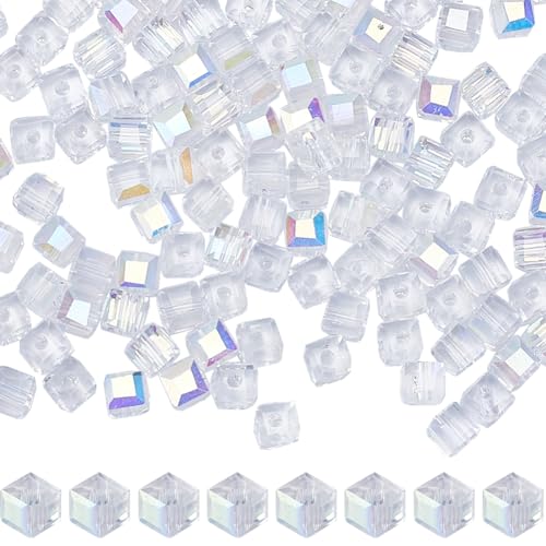 SUNNYCLUE 1 Box Ca. 294 Stück 4 mm Kristallwürfelperlen Klare Quadratische Glasperlen Transparente ab Farbe Galvanisierte Facettierte Abstandsperlen Zur Schmuckherstellung Perlensortimente DIY Halsket von SUNNYCLUE