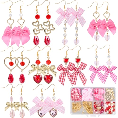 SUNNYCLUE 1 Box DIY 10 Paar Ohrringe Bastelset Schleifenanhänger Valentinstagsanhänger Polyesterband Schleifenanhänger Rosa Rot Herzanhänger Glasperlen Für Schmuckbastelsets Frauengeschenke Feiertagsb von SUNNYCLUE