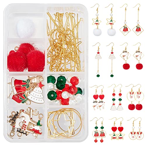 SUNNYCLUE 1 Box DIY 10 Paar Weihnachten Stoffpelz Bommel Ohrring Bastelset Weihnachtsbaum Rentier Emaille Anhänger Charms Faux Nerzpelz Überzogene Anhänger Für Frauen Anfänger, Anweisung von SUNNYCLUE