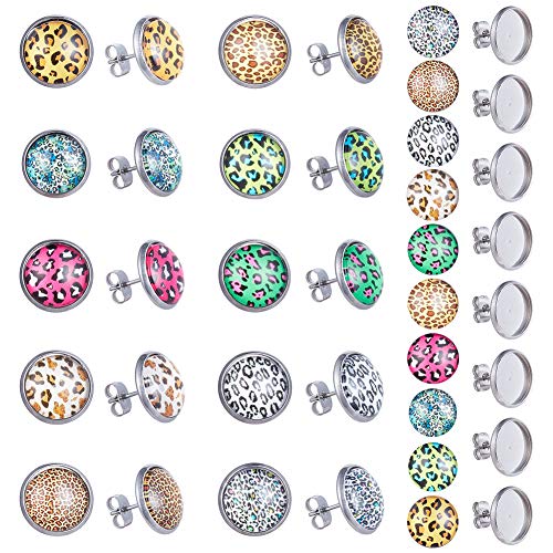 SUNNYCLUE 1 Box DIY 20 Paar Unisex Cabochon-Ohrstecker Mit Leopardenmuster Und Geparden-Print, Kit Zum Herstellen von Ohrsteckern, Inklusive 40 Ohrringfassungen Und 40 12-Mm-Glascabochons Mit Flacher von SUNNYCLUE