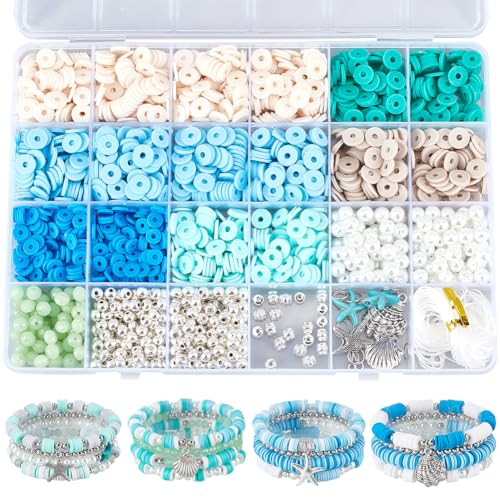 SUNNYCLUE 1 Box DIY 4 Sets Armband Bastelset Mit Ozean Motiv Weiß Blaue Polymer Tonperlen Seesterne Howlith Perlen Sommer Hawaii Meer Charms Glasperlen Für Schmuckherstellungssets Für Frauen von SUNNYCLUE