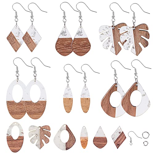 SUNNYCLUE DIY 6 Paar Harz Holz Baumeln Tropfen Ohrringe Basteln Starter Kit Vintage Statement Ohrringe Blatt Holz Charms Schmuckherstellung Zubehör von SUNNYCLUE