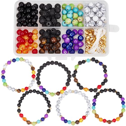 SUNNYCLUE 1 Box DIY 6 Sets 7 Chakra Steinperlen Armband Bastelset Schwarzer Stein Howlith Imperialer Jaspis Natürlicher Lavastein Tigerauge Perlen Heilende Energie Edelsteinperle Für Schmuckherstellun von SUNNYCLUE