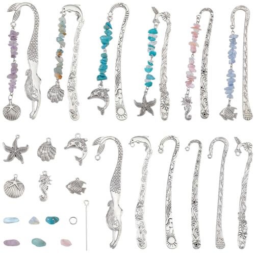 SUNNYCLUE 1 Box DIY 6 Sets Haken Lesezeichen Kit Sommer Ozean Hawaii Lesezeichen Haken Aquamarin Amethyst Chip Stein Perlen Edelstein Lesezeichen Metall Lesezeichen Vintage Lesezeichen zum Basteln von SUNNYCLUE