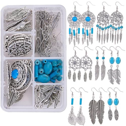 SUNNYCLUE 1 Box DIY 8 Paar Bohemian Feather Dream Catchers Starter Kit Zur Herstellung von Ohrringen Mit Feather Charm Connector Türkis Edelsteine Perlen Ohrringhaken Schmuckzubehör Anleitung von SUNNYCLUE