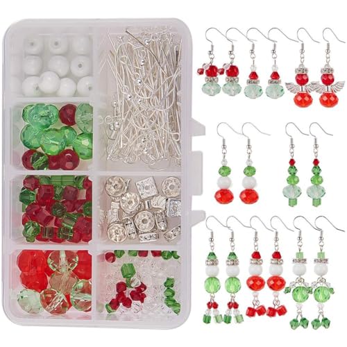 SUNNYCLUE 1 Box DIY Machen 8 Pairs Weihnachten Kristall Perle Baumeln Ohrring Machen Kits Weiß Schneemann Red Angel Glasperle Weihnachtsbaum Baumeln Ohrringe Schmuck Machen Lieferungen für Frauen von SUNNYCLUE