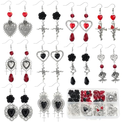 SUNNYCLUE 1 Box Mit 10 Paar Halloween Ohrring Bastelsets Gothic Herzanhänger Kreuz Skelett Totenkopf Anhänger Rose Blume Rot Schwarz Glasperlen Für Schmuckherstellungssets DIY Ohrhänger Geschenkzubehö von SUNNYCLUE