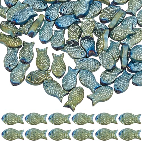 SUNNYCLUE 1 Box Mit 100 Fischperlen Große Glas Fischperlen Kleine Fisch Charms Doppelseitige Blaue Fischperlen Galvanisierte Mattierte Sommer Meerestiere Lose Abstandshalterperlen Für Die Schmuckherst von SUNNYCLUE