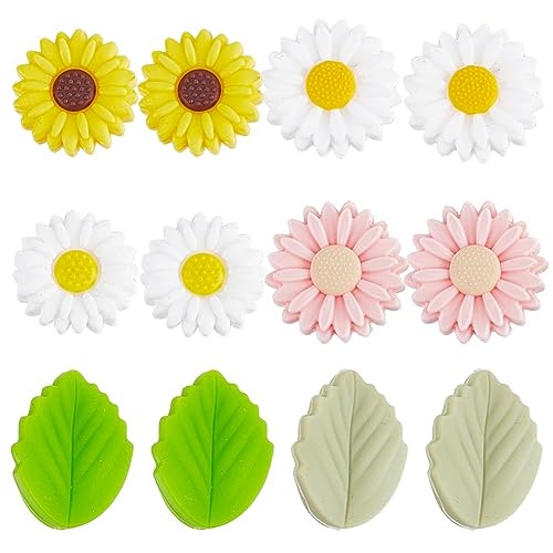 SUNNYCLUE 1 Box Mit 12 Stück Blumen Silikonperlen 20 mm Große Silikon Fokalperlen Rosa Doppelseitige Gänseblümchen Blumen Grüne Blattperlen Große Klobige Perlen Gummiperlen Für Stifte Schlüsselanhäng von SUNNYCLUE