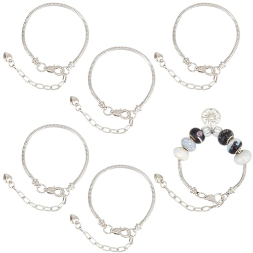 SUNNYCLUE 1 Box Mit 6 Schlangenarmbändern Ketten Silber Messing Charms Armbandkette Massenmetall Sterling Europäische Biegbare Verlängerung Verstellbare Schnur Perlenkette Mit Großem Loch Für Die Schm von SUNNYCLUE