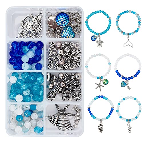 SUNNYCLUE 1 Box Zum Selbermachen 6 Stränge 6 mm Armbandherstellungsset Ozean-Thema Armband-Set Glasperlen Schildkröten Meerjungfrauen Seesterne Charms Für Schmuck Markierung Armbänder von SUNNYCLUE