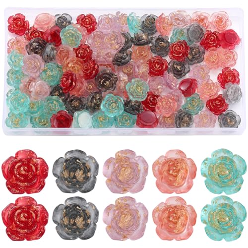 SUNNYCLUE 1 Schachtel 100 Stück 5 Farben Kleine Rosenperlen Aus Kunstharz Lose Flache Blumenperle Gebohrte Rosen Mit Blumen Aus Goldfolie Flache Basis Cabochons Charms Mini Abstandshalterperlen Zur Sc von SUNNYCLUE