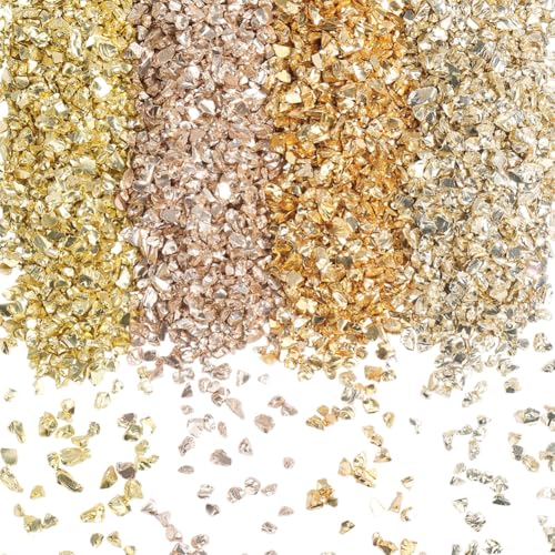 SUNNYCLUE 1 Schachtel 150g 4 Farben Gold Zerstoßenes Kristallglas Zerbrochene Glaskunst Große Menge Unregelmäßige Metallische Glitzerflocken Stücke Chips Für Nagelkunst Kunst Vasenfüller Epoxidharz S von SUNNYCLUE