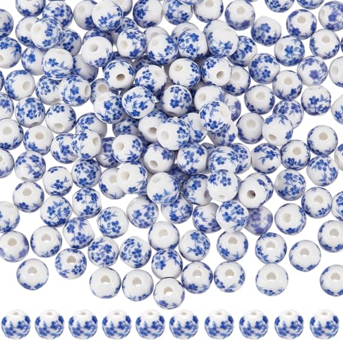 SUNNYCLUE 1 Schachtel 210 Stück 8mm Blaue Keramikperlen Mit Blumenmuster Porzellanperlen Große Menge Weiße Bedruckte Blumen Kleine Glatte Abstandsperlen Zur Schmuckherstellung Armbänder Halsketten DI von SUNNYCLUE