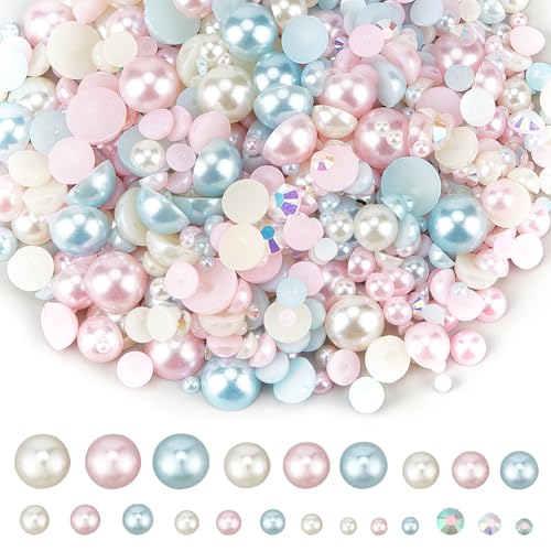 SUNNYCLUE 1 Schachtel 60g 3~10mm Kunstharz Halbperlen Nailart Anhänger 3D Mini Acryl Rosa Und Blau Flache Edelsteine Strasssteine Verschiedene Runde Perlen Flache Rückseite Cabochons Für Nailart Han von SUNNYCLUE