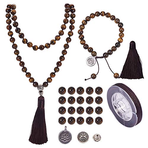 SUNNYCLUE 1 Set 108 Tigerauge Edelstein Mala Perlen/Buddha Perlen Halskette Schmuck Machen Kit - DIY 1 Handgeknüpfte Gebet Quaste Anhänger Halskette & 1 verstellbare Mala Wrap Perlen Armband von SUNNYCLUE