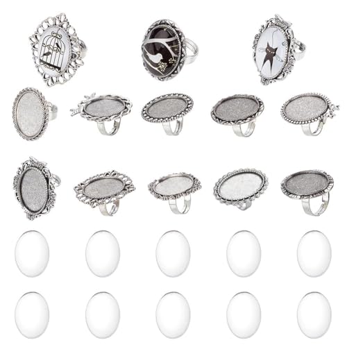 SUNNYCLUE 10 Stück Glas Cabochon Ringe Lünette Rohlinge Ovale Cabochon Ringe Blumen Vogel Retro Ring Komponenten Glas Cabochons Fingerring Rohlinge Im Tibet Stil Für Schmuckherstellungs Sets DIY Baste von SUNNYCLUE