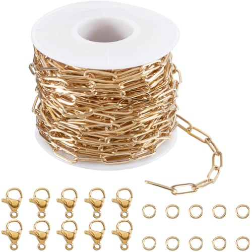 SUNNYCLUE 10 m lange goldene Büroklammer-Kette, Schmuck, Büroklammer-Kette, 18 Karat vergoldeter Edelstahl, 12 mm, ovale Büroklammer, Rolle, Gliederketten, Kits für Schmuckherstellung, Armband, von SUNNYCLUE