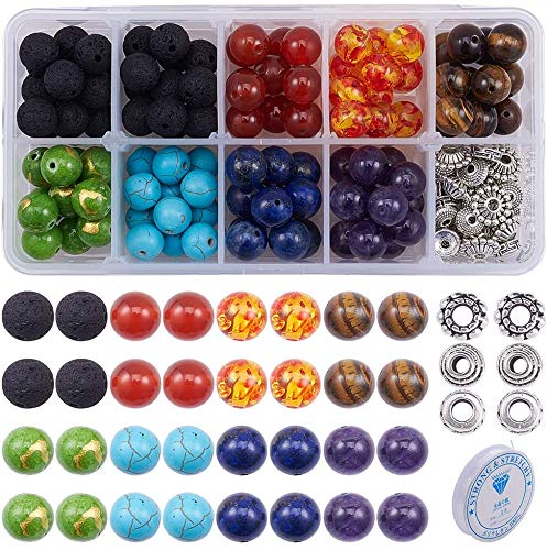 SUNNYCLUE 100 Stück + 10 mm natürliche 7 Chakra-Lavastein-Perlen, runde lose Perlen, Abstandshalter mit Kristallschnüren für ätherische Öle, Schmuckherstellung von SUNNYCLUE